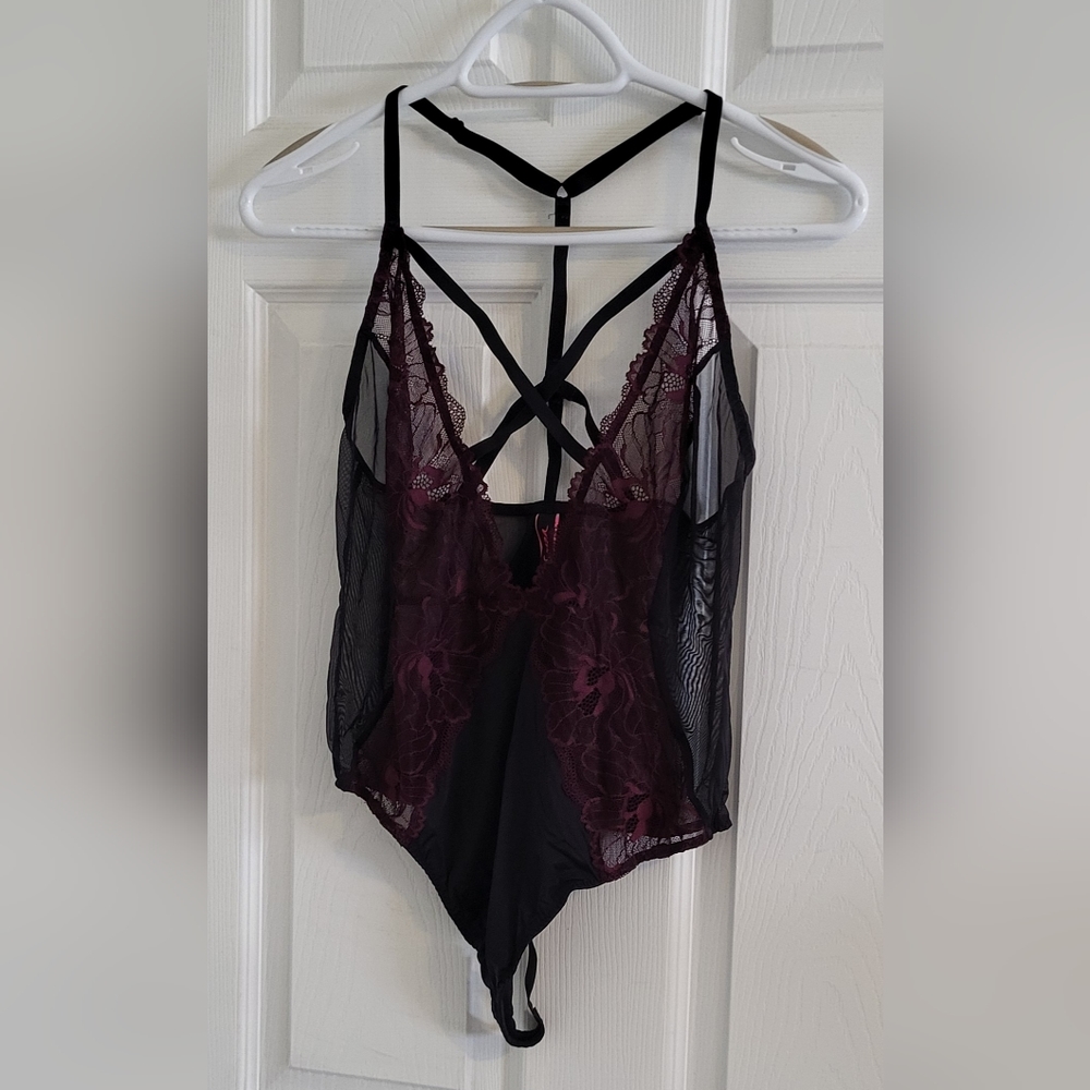 Black and purple lace bodysuit
